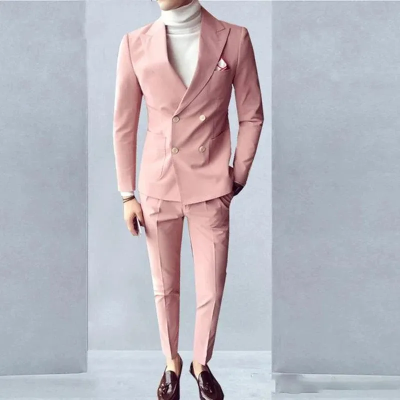 WIAOFELLAS Pink Fashion Sunshine Men Suits Double Breasted 2 Pieces (Jacket Pants) Peaked Collar Slim Fit Set for Wedding Party Tuxedos