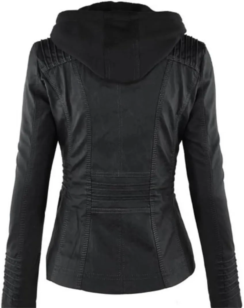 Women Faux Leather Jacket Winter Motorcycle Jacket PU Leather Zipper Hoodies Outerwear