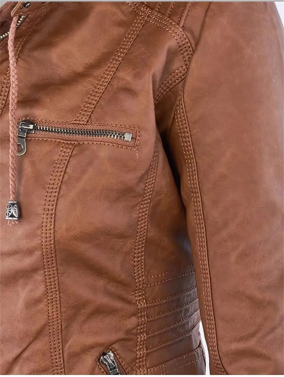 Women Faux Leather Jacket Winter Motorcycle Jacket PU Leather Zipper Hoodies Outerwear