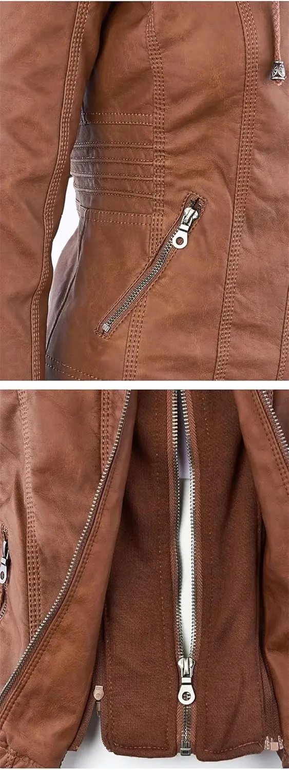 Women Faux Leather Jacket Winter Motorcycle Jacket PU Leather Zipper Hoodies Outerwear