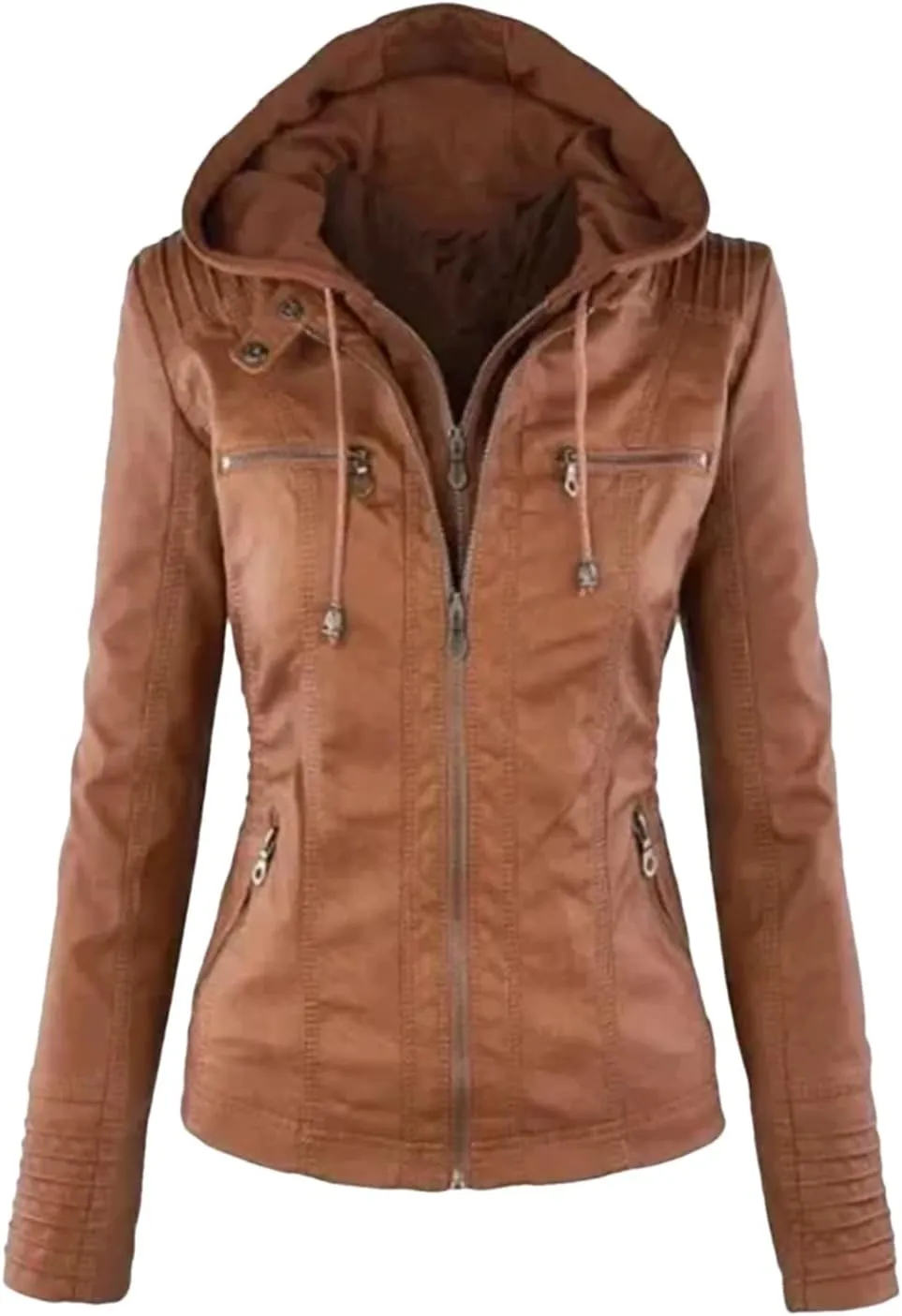 Women Faux Leather Jacket Winter Motorcycle Jacket PU Leather Zipper Hoodies Outerwear