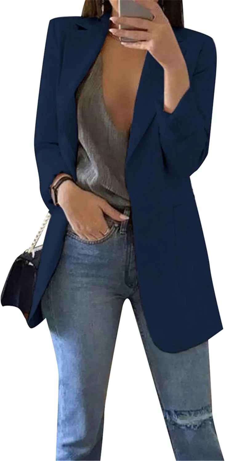 Women Solid Color Open Front Blazer Lapel Collar Work Cardigan Long Sleeve Casual Jackets with Pockets