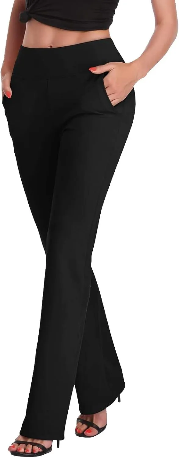 Women Straight Leg Yoga Dress Pants Stretch Bootcut Yoga Trousers Tummy Control Bootleg Pants with Pockets