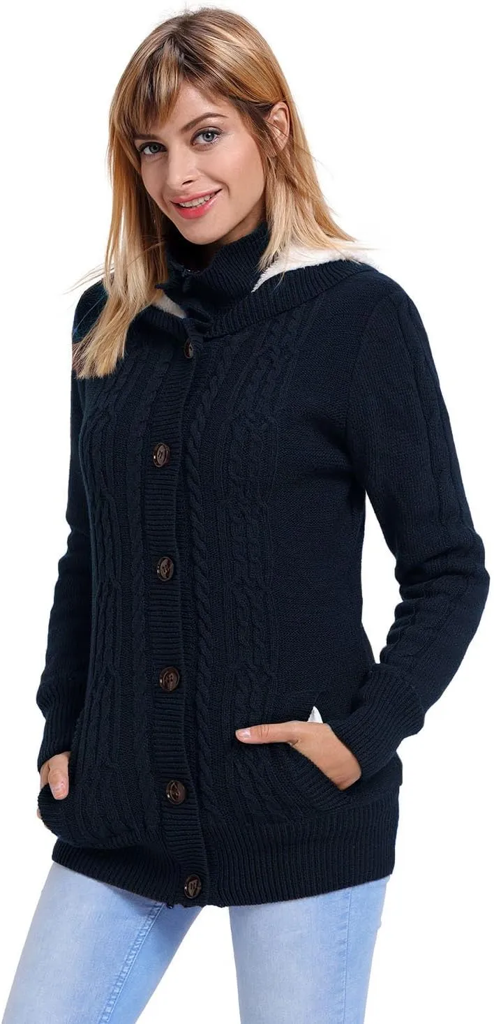 Women's Casual Fashion Cashmere Hooded Button Solid Color Blouse Loose Knit Sweater Open Front Cardigan Coat Outwear