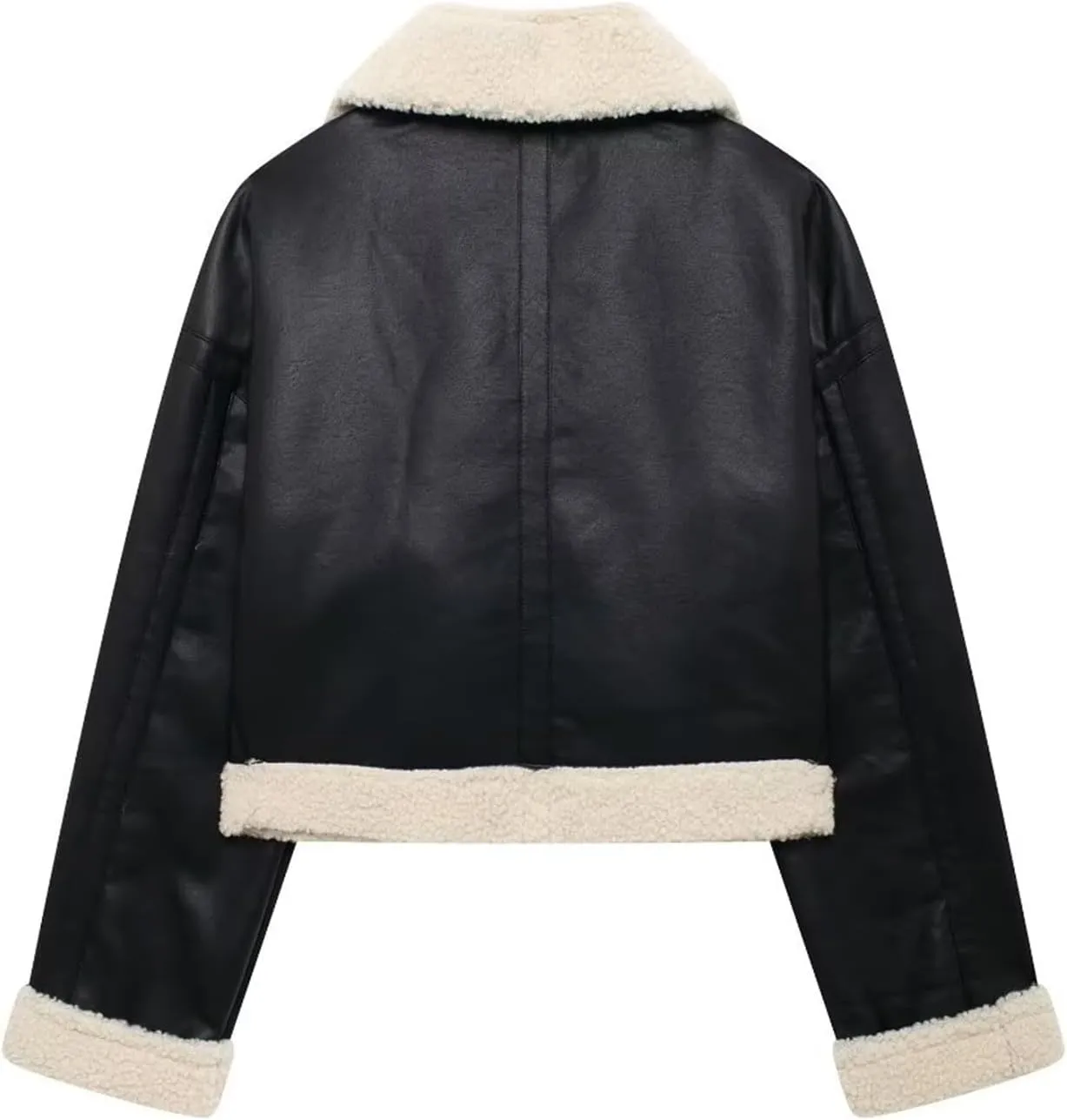 Women's Sherpa Lined Faux Leather Bomber Jacket Black PU Leather Shearling Fur Lining Short Cropped Coat
