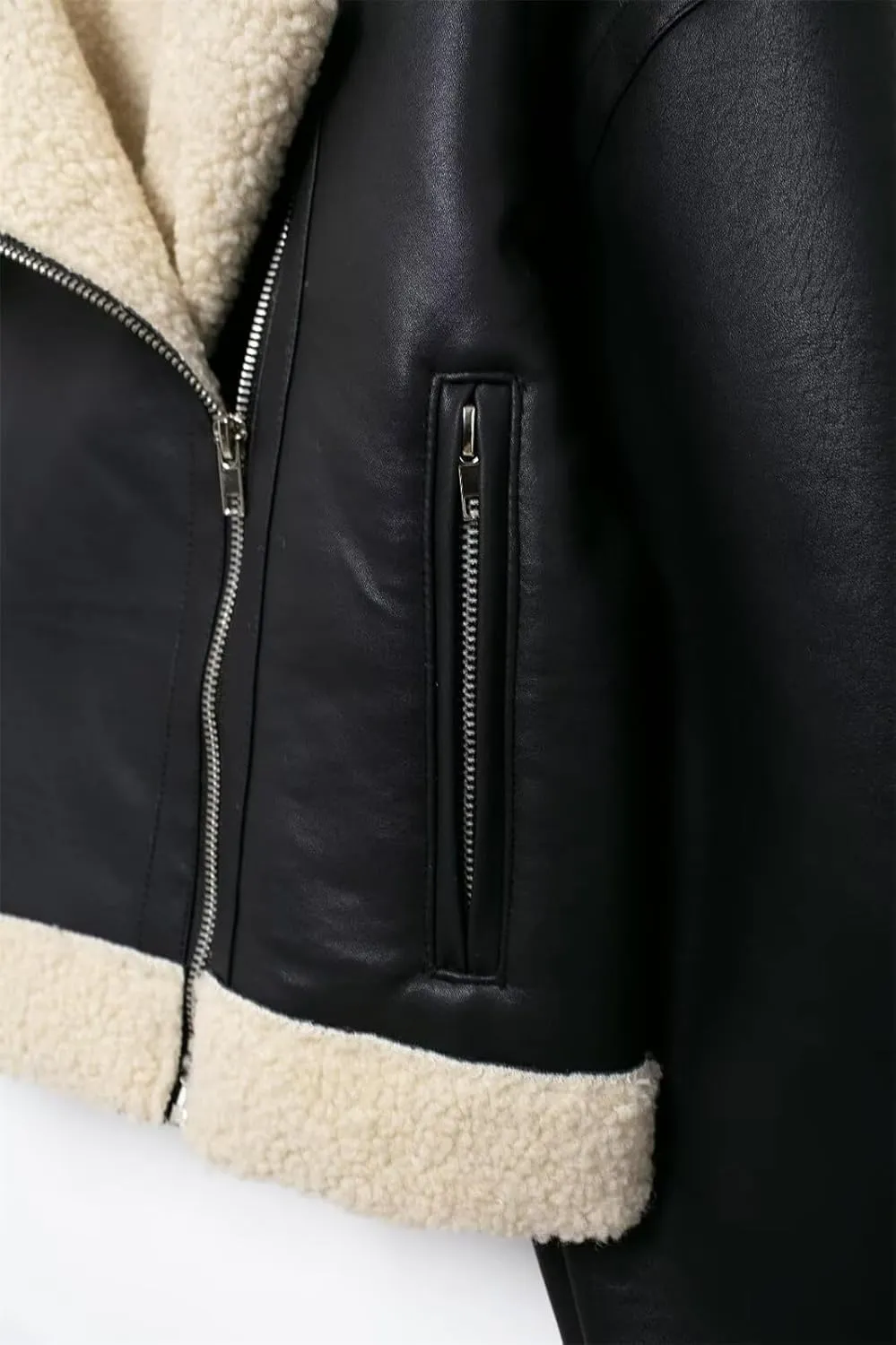 Women's Sherpa Lined Faux Leather Bomber Jacket Black PU Leather Shearling Fur Lining Short Cropped Coat