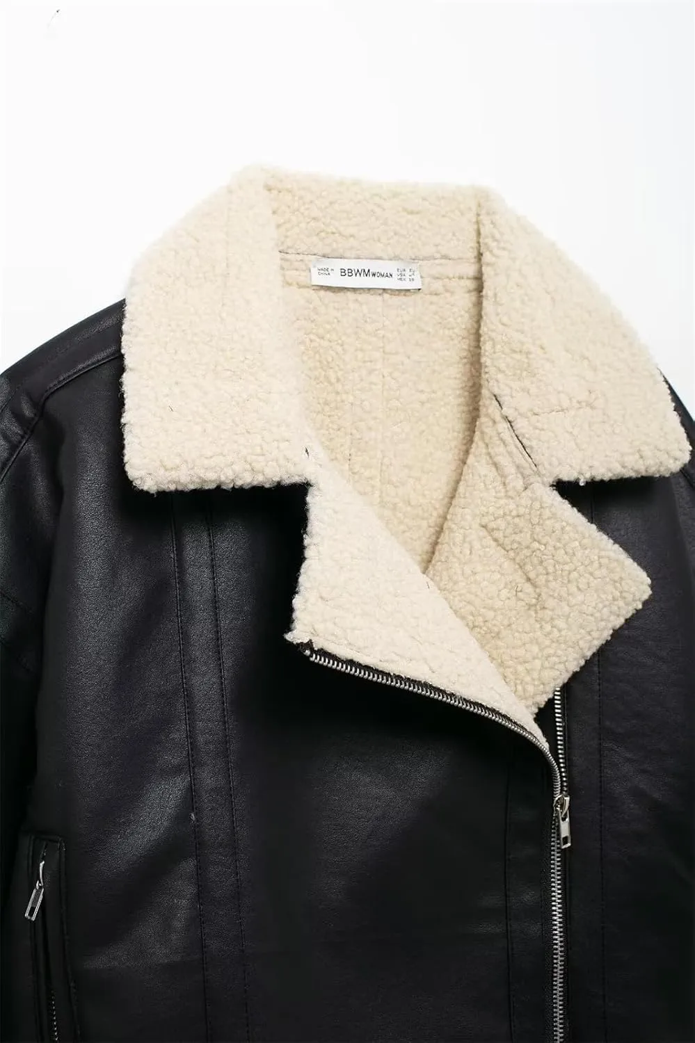 Women's Sherpa Lined Faux Leather Bomber Jacket Black PU Leather Shearling Fur Lining Short Cropped Coat