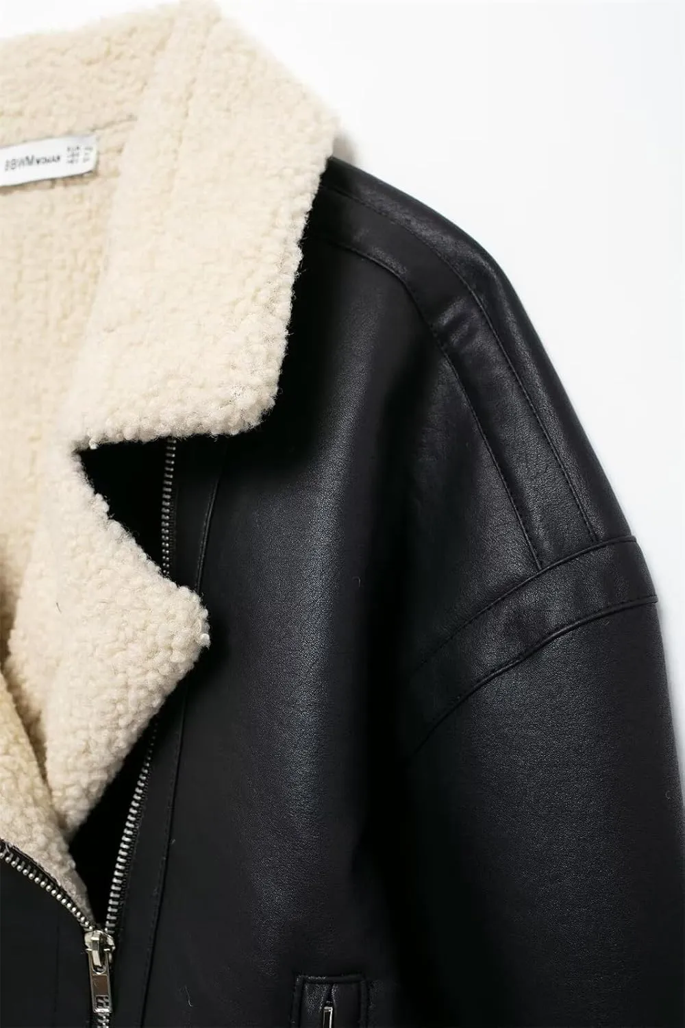 Women's Sherpa Lined Faux Leather Bomber Jacket Black PU Leather Shearling Fur Lining Short Cropped Coat