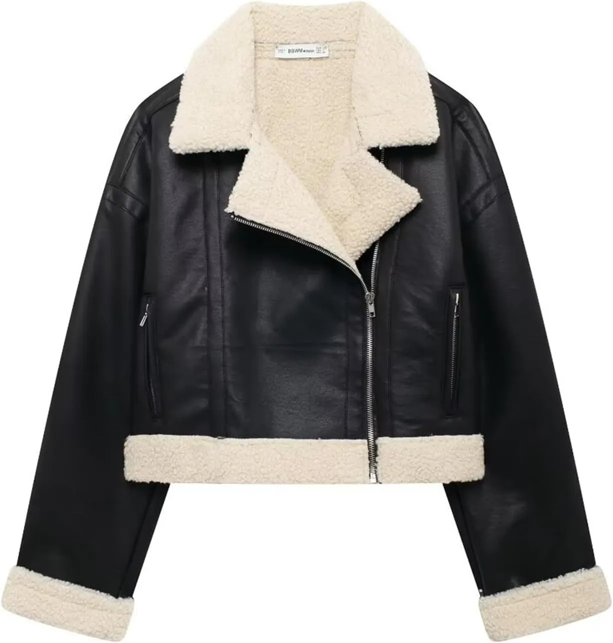 Women's Sherpa Lined Faux Leather Bomber Jacket Black PU Leather Shearling Fur Lining Short Cropped Coat