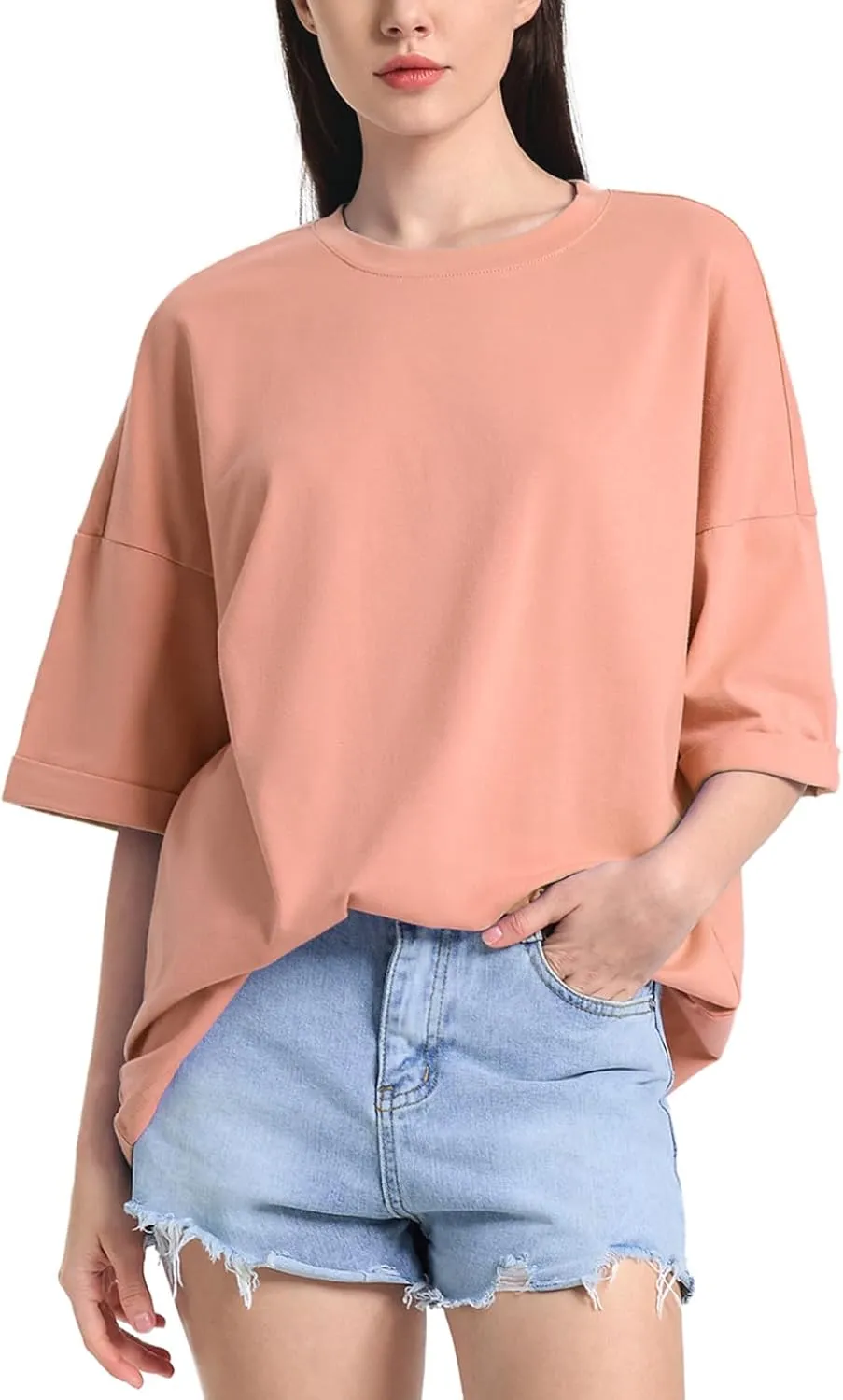 ZANZEA Oversized T Shirts for Women Short Rolled Sleeve Round Neck Summer Tops Drop Shoulder Casual Loose Basic Tees