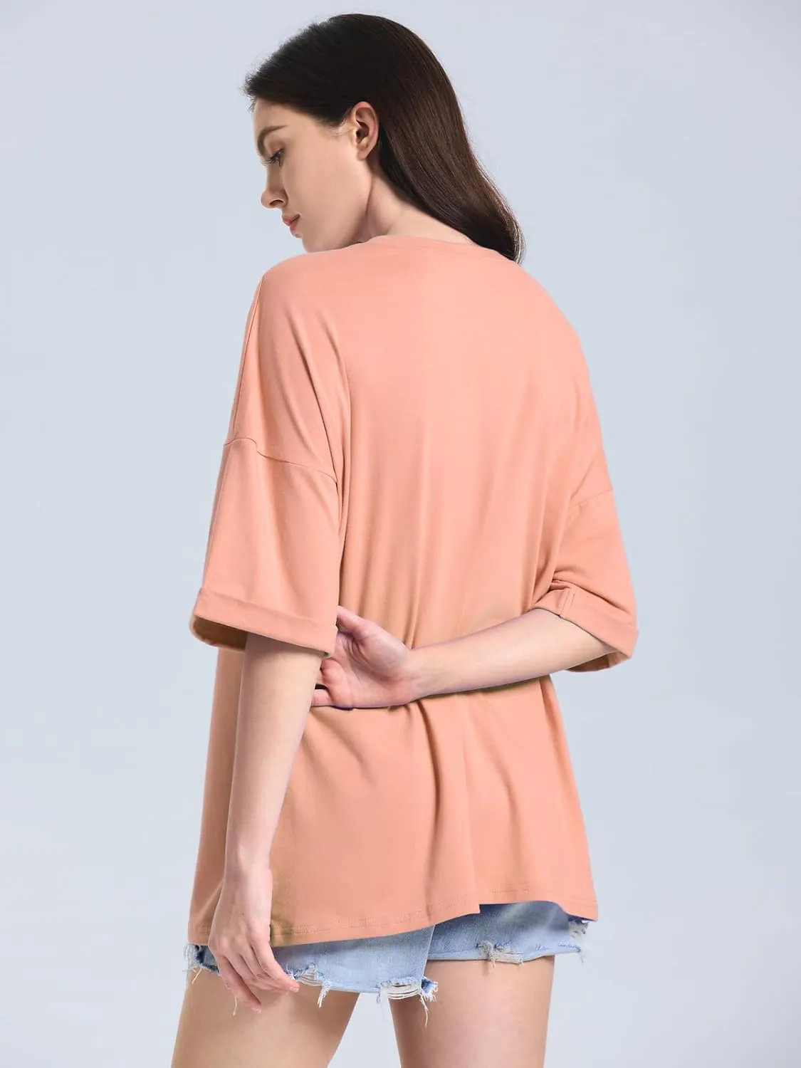 ZANZEA Oversized T Shirts for Women Short Rolled Sleeve Round Neck Summer Tops Drop Shoulder Casual Loose Basic Tees