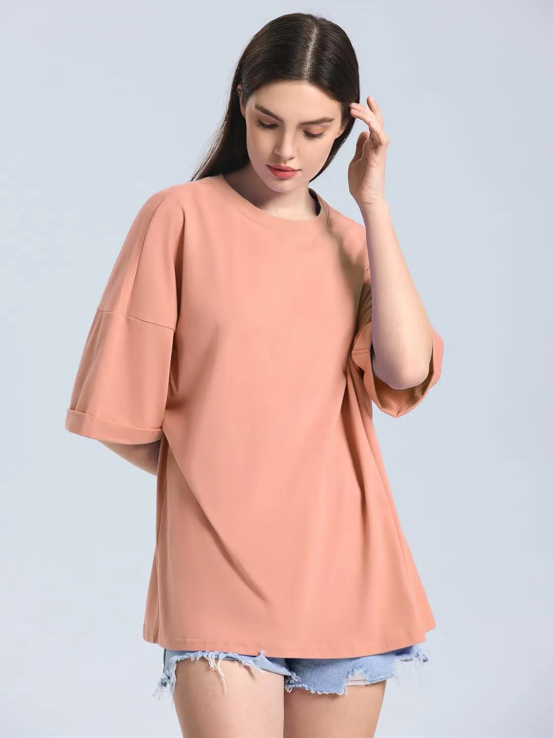 ZANZEA Oversized T Shirts for Women Short Rolled Sleeve Round Neck Summer Tops Drop Shoulder Casual Loose Basic Tees