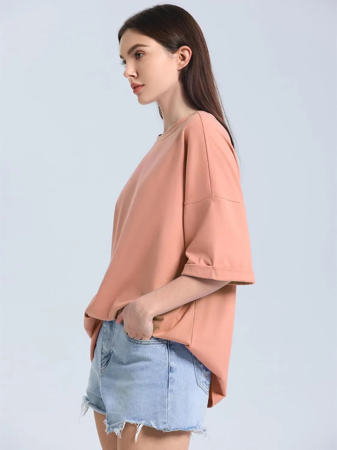 ZANZEA Oversized T Shirts for Women Short Rolled Sleeve Round Neck Summer Tops Drop Shoulder Casual Loose Basic Tees